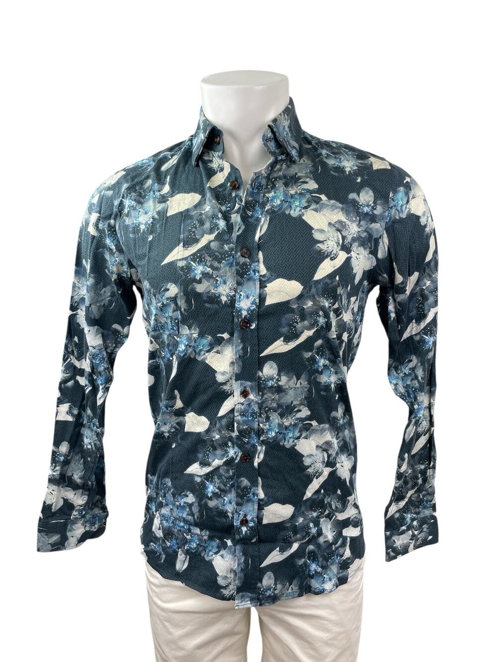 Ted Baker Men's Blue Floral Modern Fit Long Sleeve Button Down Shirt Top Size 15